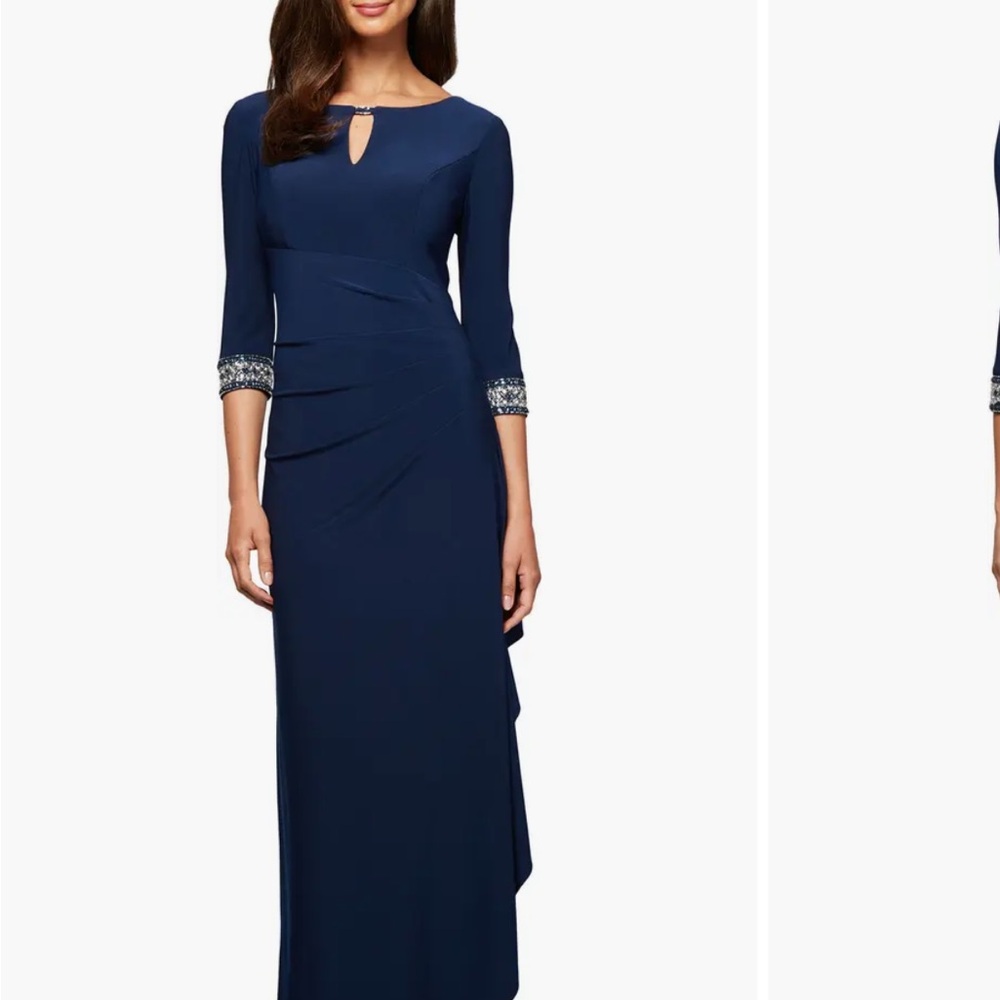 Alex Evenings Navy Long Sleeve Gown with Embellished Cuffs